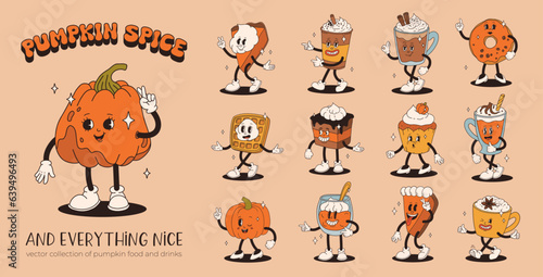 Funny Retro cartoon Pumpkin Character in groovy 50s, 60s, 70s Vintage Style. Happy Autumn mascot with pumpkin spice latte, pumpkin pie, pudding, cake, cupcake, waffles, donut and coffee. photo