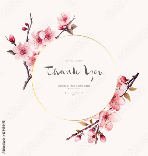 Collection of сherry blossom flowers and branches in vector watercolor style. Thank you card. AI generated
