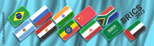 Vector set of national flags of the BRICS organization in 2023. Brazil, Russia, India, China, South Africa and six new members. Wavy background.