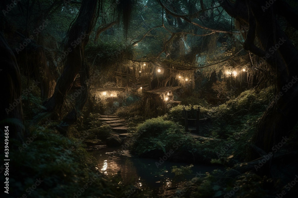 Enchanting, otherworldly woodland at night immersed in magical fantasy. Generative AI