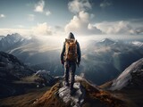 male hiker with hiking bag on the mountain cliff with sky view generative ai