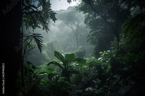 Rainy atmosphere in a jungle. Generative AI © Tristan