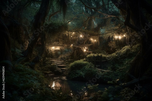 Enchanting, otherworldly woodland at night immersed in magical fantasy. Generative AI © Galen
