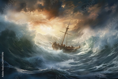 Illustration of turbulent sea, boat pursuit, and towering waves as a cinematic backdrop. Generative AI