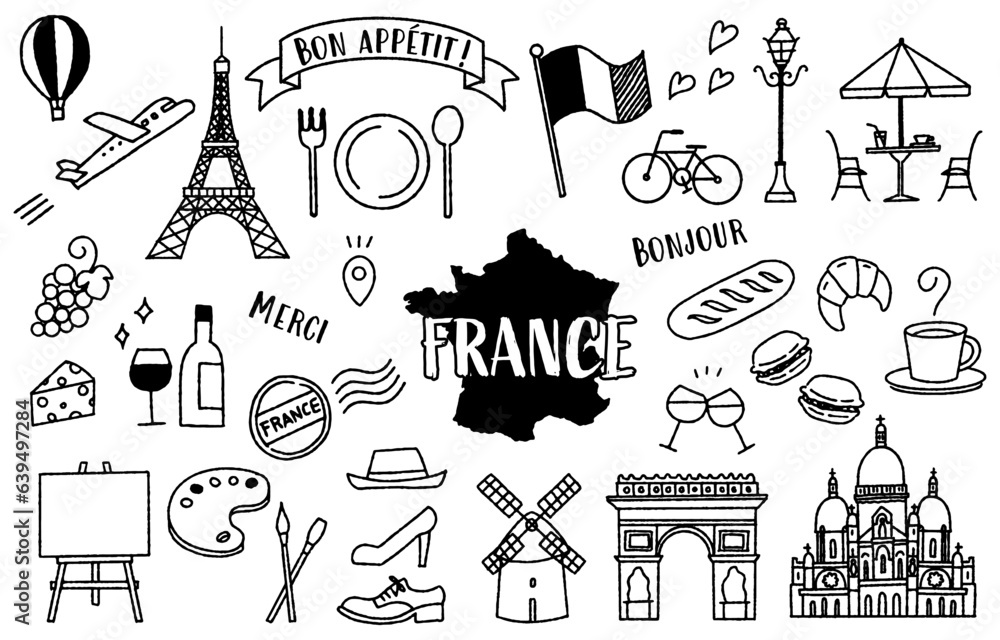 シンプルでかわいいフランスにまつわるイラストセット（モノクロ）