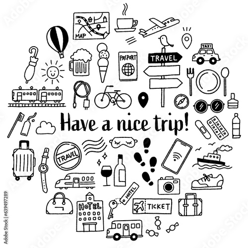 シンプルでかわいい手描きの旅行イラストセット（モノクロ）