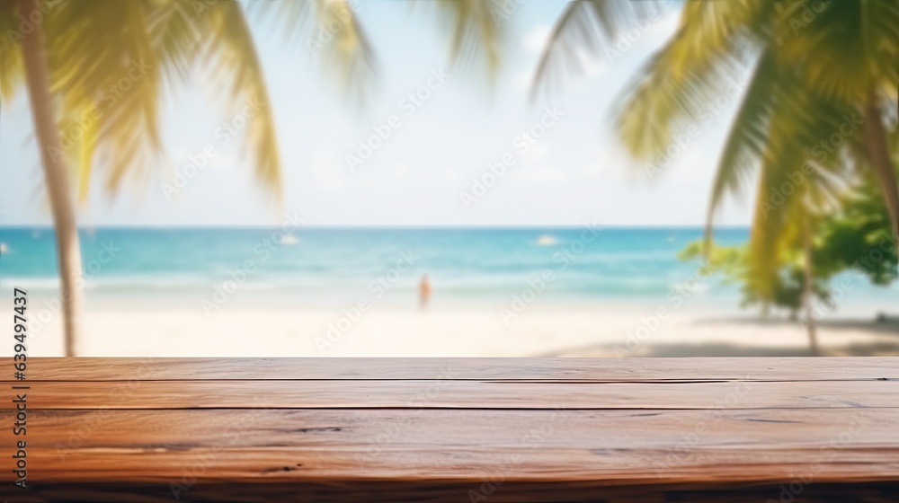Dark wood floor top on blur tropical beach background, Advertisement, Print media, Illustration, Banner, for website, copy space, for word, template, presentation. Dark wood floor top on blur tropical beach background, Advertisement, Print media, Illustration, Banner, for website, copy space, for word, template, presentation.