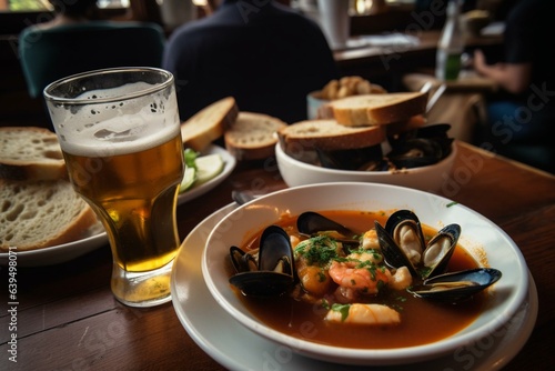 Delicious bouillabaisse and beer enjoyed by the coast in France. Generative AI