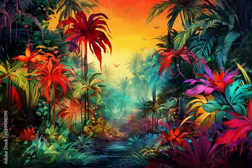 Vibrant digital artwork of tropical jungle, featuring lush foliage, colorful plants, and palm trees, against a bright empty background. Generative AI