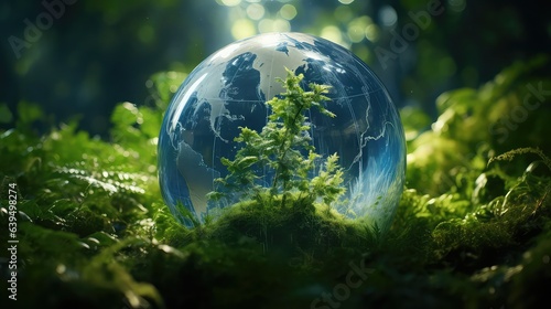 the earth is out in space surrounded by leaves, in the style of layered translucency, light green and blue, ethical concerns, living materials, global influences, dynamic energy, firecore