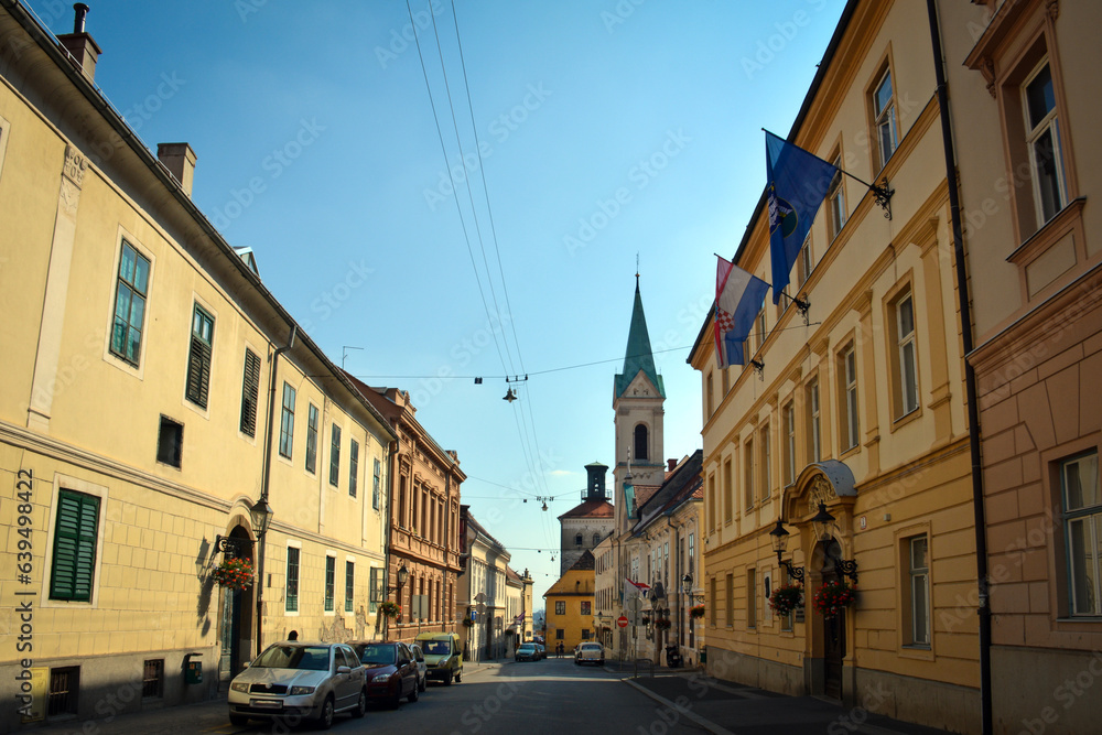 View from Ćirilometodska Ulica (Street) to the Greek Catholic Co-Cathedral of Saints Cyril and Methodius and Lotrščak Tower in Zagreb Upper Town
