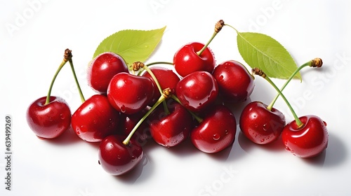fresh pile of cherries with leaves on a white background