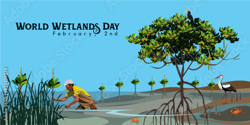 World Wetlands Day. The date of the event is 2 February. Vector illustration. Mangrove habitat