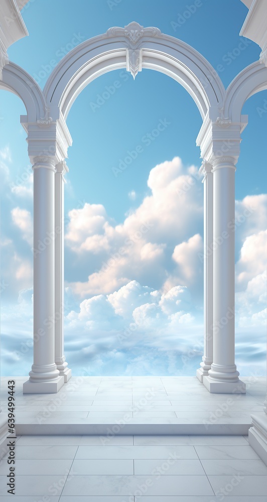 A surreal outdoor scene of pastel-hued columns and arches stretching to the clouds in a dreamy blue sky