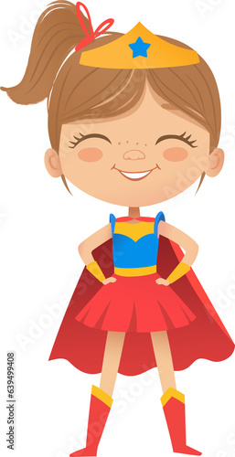 Cartoon vector illustration superheroe cute girl, isolated on white background. Perfect for party, invitations, web, mascot.