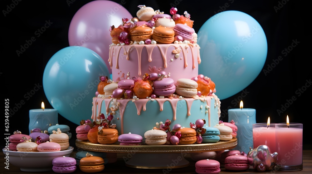 A colorful two-tiered birthday cake with balloons and candles