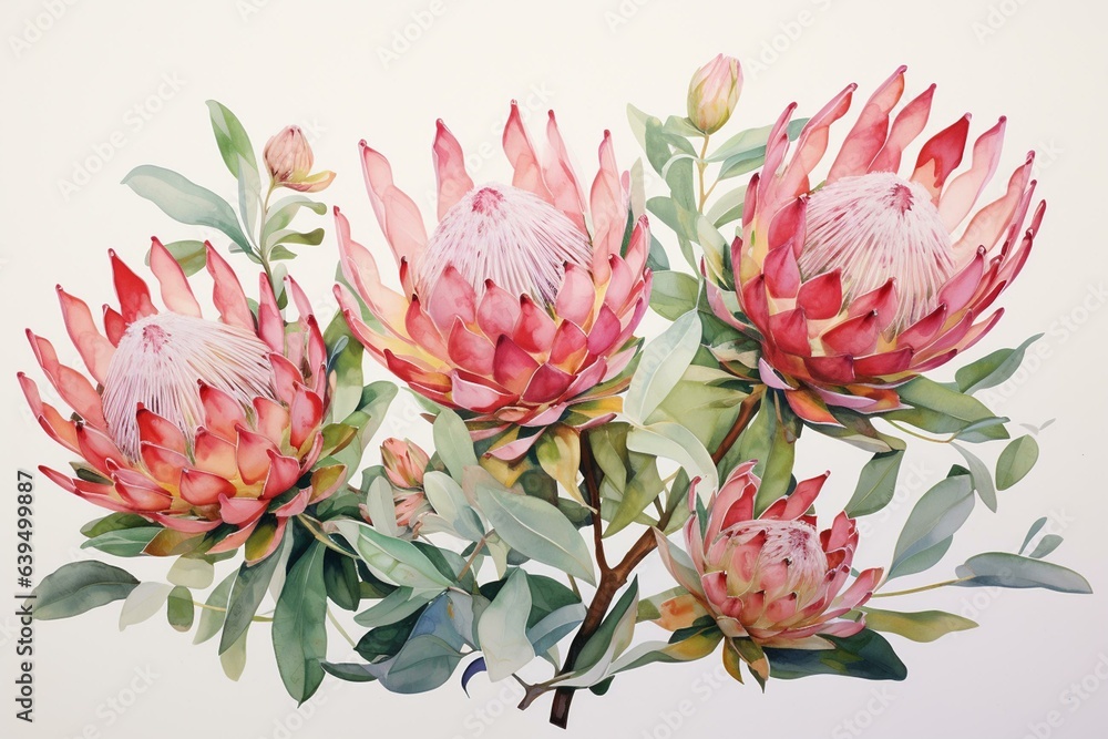 Floral artwork displaying watercolor-style protea blooms and foliage. Generative AI