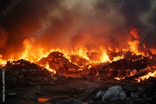 Burning waste piles engulf a landfill in flames. Generative AI