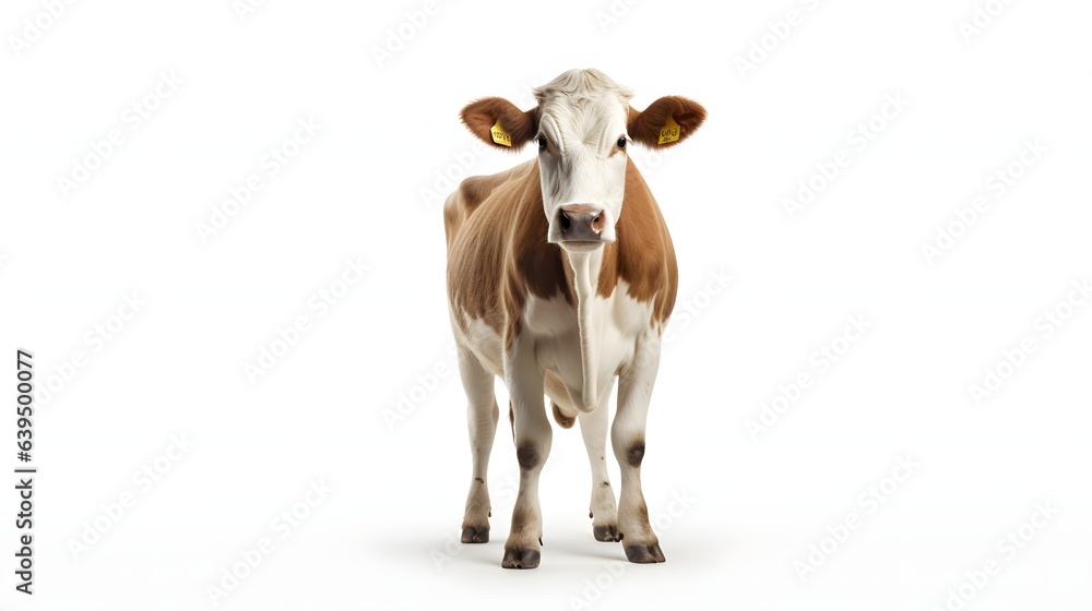 A brown and white cow with a pink nose and yellow tags on its ears on a white background