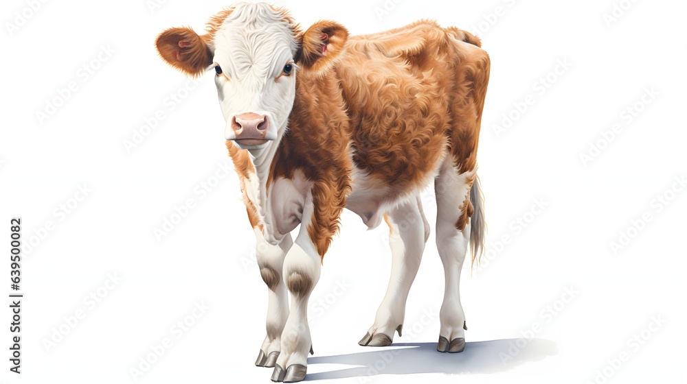 A closeup shot of a cows face with a pink nose on a white background