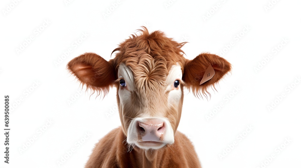 Close up of a brown cow's head on a white background