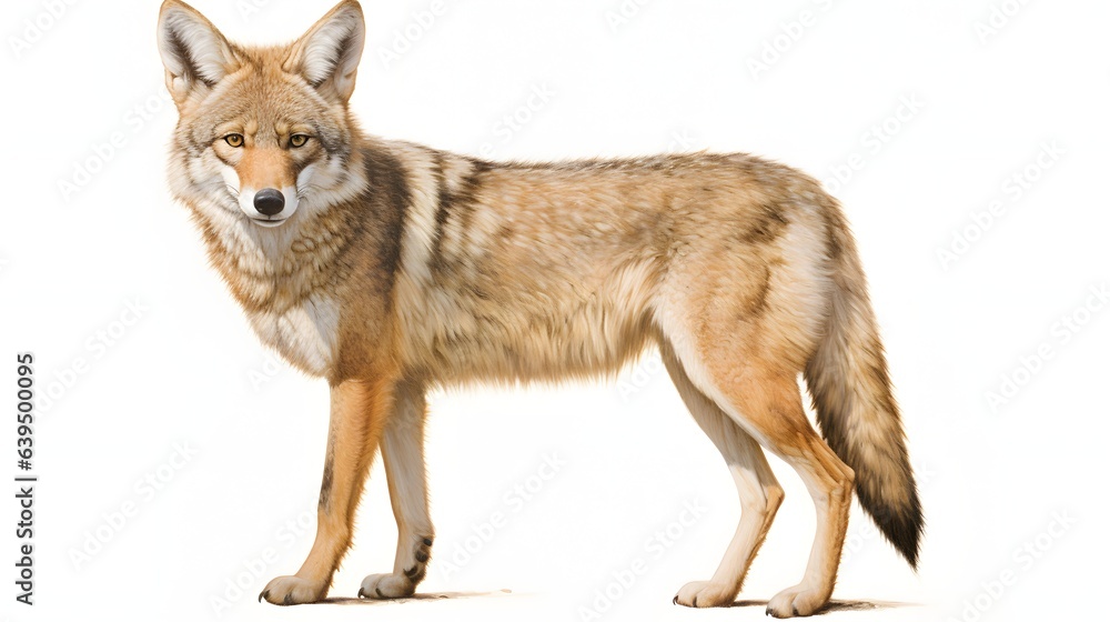 A coyote with a tan coat and black markings on a white background