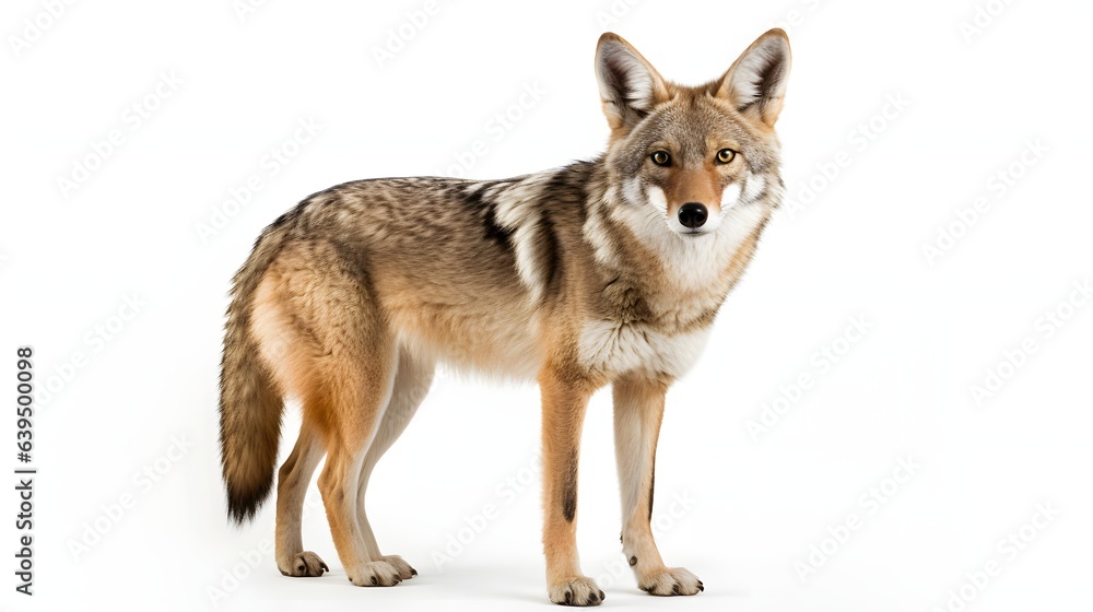 A gray and brown coyote facing the camera on a white background