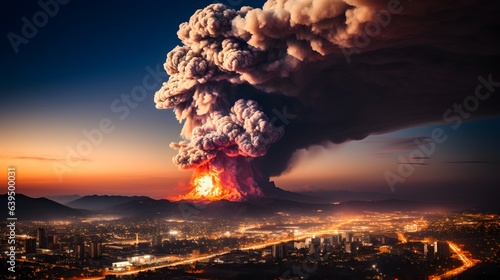 A photo realistic image of a volcanic eruption in the distance with a residential area in the foregr