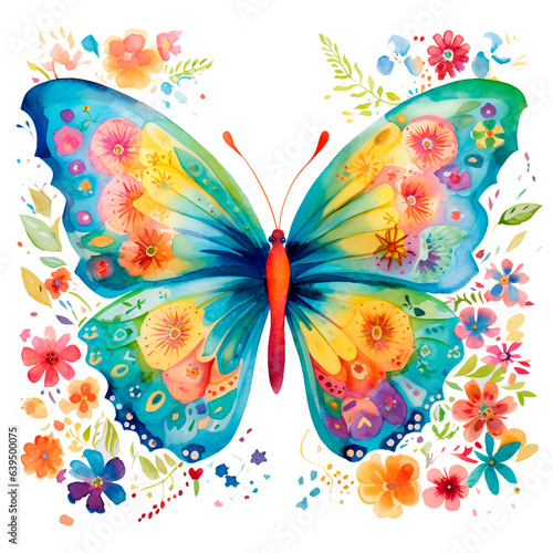 Colorful Summer Butterfly with flowers in watercolor, generative AI