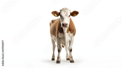 A brown and white cow with a pink nose and yellow tags on its ears on a white background © Oleksandr