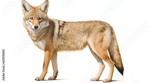 A coyote with a tan coat and black markings on a white background