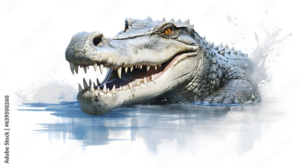 Obraz premium A crocodile basks in the sun with its mouth wide open on a white background
