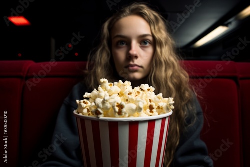 Serious scared Caucasian European teenager girl female pupil schoolgirl teen daughter child holding popcorn horror watching movie snack sit in empty cinema hall watch film tv alone holiday weekend