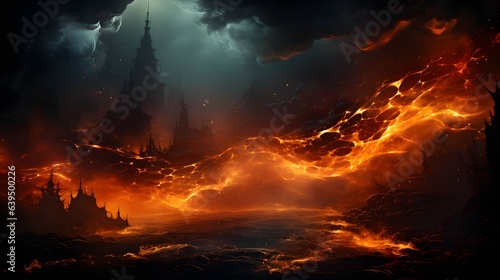 A fiery and ominous scene of a lava river and dark rocks in the background