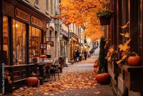 brukowana ulica w historycznym mieście Spalone pomarańczowe i ciemnoczerwone liście opadły i rozsypały ścieżkę W witrynach sklepowych wyświetlana jest dynia