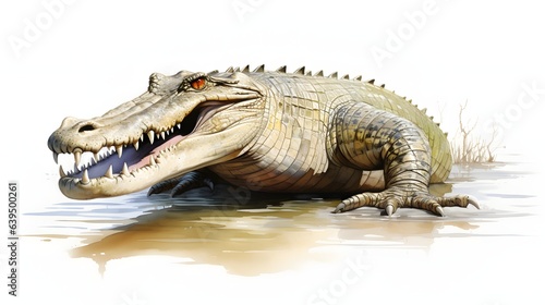 A crocodile basks in the sun with its mouth wide open on a white background