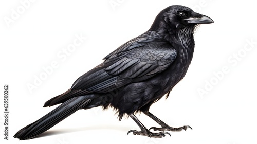 A black crow poses elegantly on a white backdrop