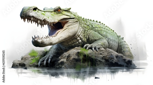 A crocodile basks in the sun with its mouth wide open on a white background
