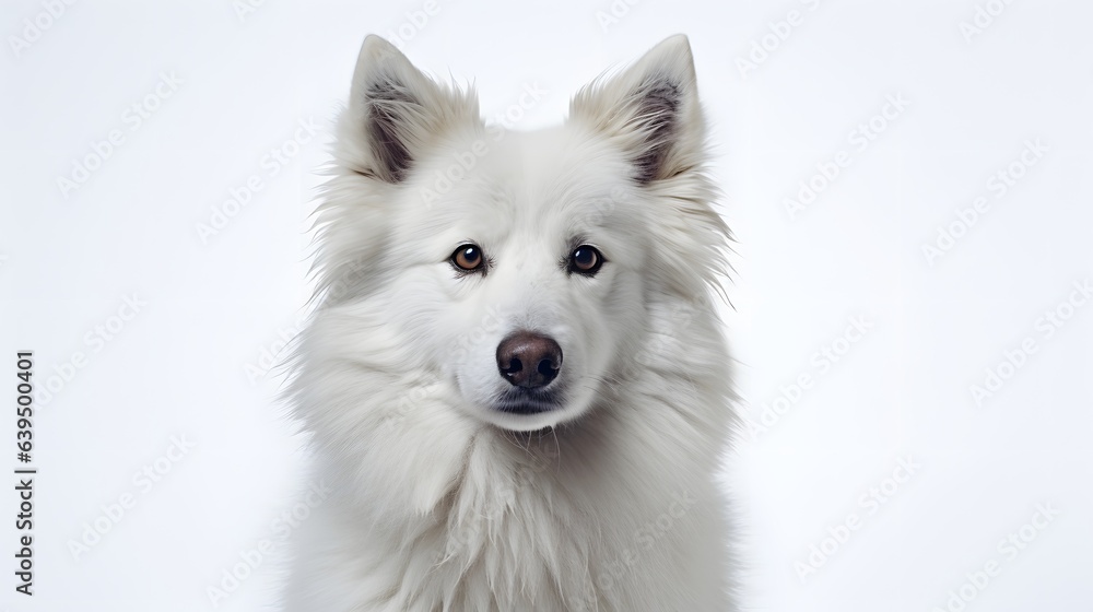 A white dog with pointy ears and a fluffy coat on a white background