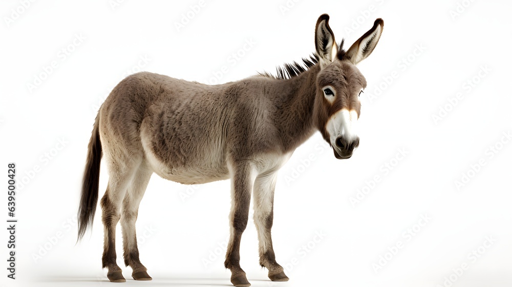 A grey donkey with a white muzzle and a black mane standing on a white background A grey donkey with a white muzzle and a black mane standing on a white background