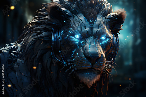 cyberpunk lion in the dark photo