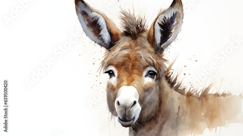 Fotografia A watercolor illustration of a light brown donkey with dark ears and a curious l