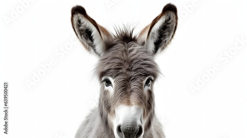 A closeup of a gray donkey with a white muzzle and large ears