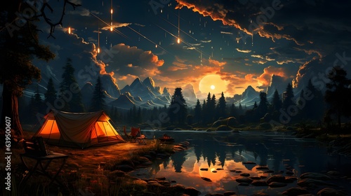 Dreamy camping scene with a moonlit lake and a starry sky