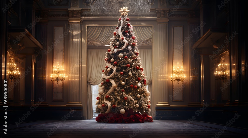 A majestic Christmas tree in a grand room with chandeliers and gold curtains