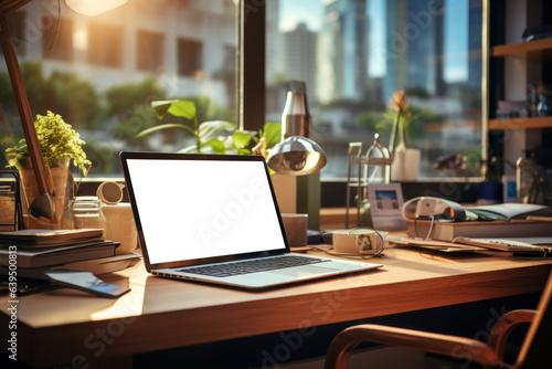 Workspace with laptop computer and supply on table with cityscape without mirror.