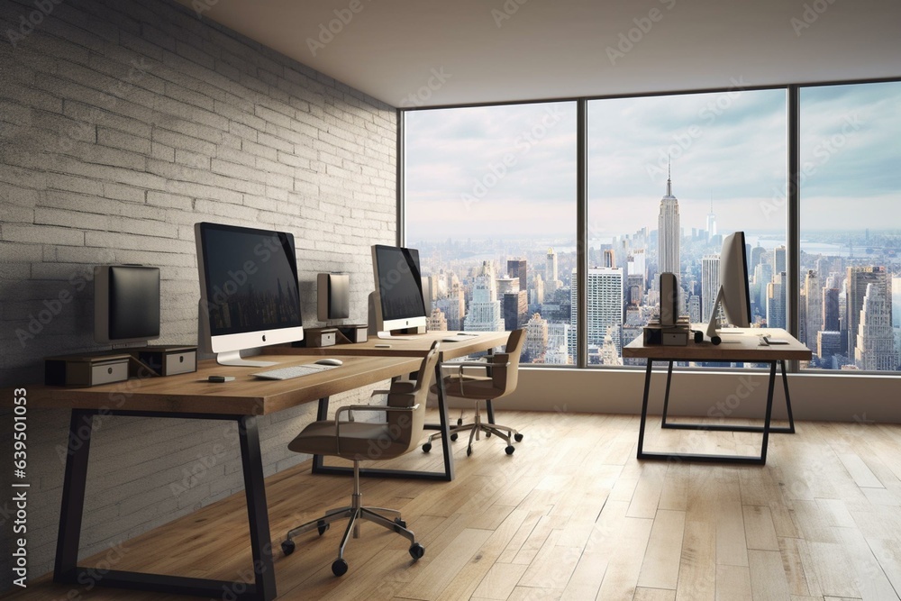 Contemporary office featuring wooden workspaces, computers, city view, and a blank wall in the foreground. A 3D representation. Generative AI