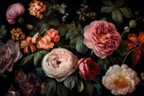 Classic artwork featuring antique English roses set against a black Victorian floral backdrop. Generative AI