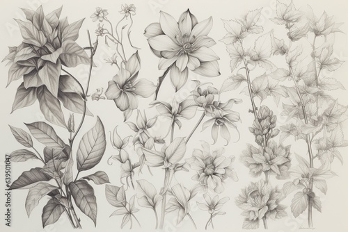Floral and foliage sketches in pencil graphite. Generative AI