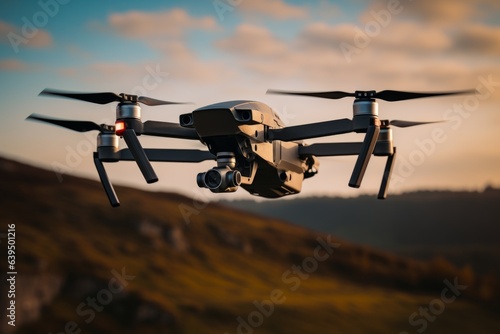 Compact professional drone filming equipment starting guiding flight, action camera shooting, flying in sky during golden hour sunset, shot aerial view captures beauty of innovative modern technology